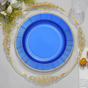 25-Pack Paper Round Dinner Plates 10" Royal Blue Sunray Design with Gold Rim - 350GSM Heavy Duty Disposable Party Plates