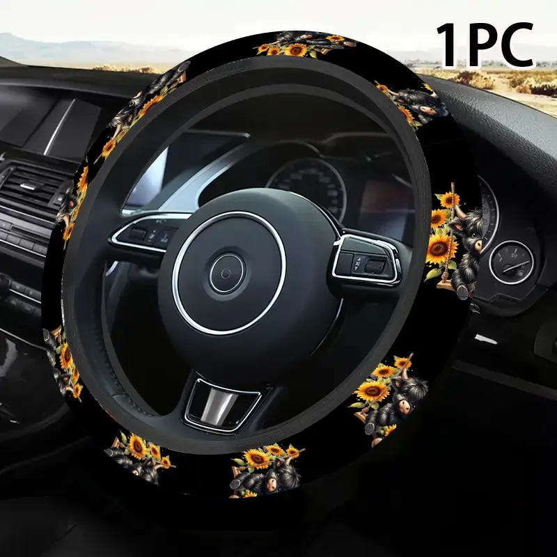1pc 1.6 x 15 inch Highland Cow and Sunflower car steering wheel cover, non-slip and comfortable, automotive interior accessory, Car accessories, no inner ring, easy to install and remove, suitable for all car models, a gift for car enthusiasts, 2.05LYY-10
