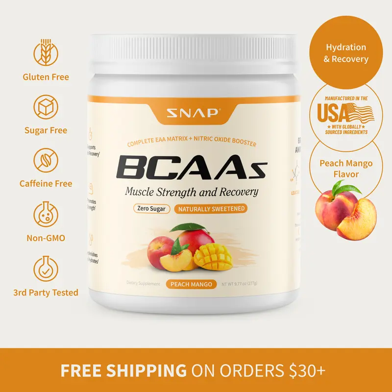 Snap Supplements - BCAA Powder - 30 Servings - Natural Supplement - Peach Mango Flavor Healthcare Dietary Edible Fitness