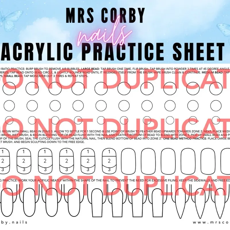 Mrs. Corby Nails Acrylic Practice Sheet