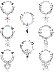 8pcs Septum Rings Set, Dangle Teardrop Design, Blue Planet & Clear Cz, Star Daith Earrings, Moon Cartilage Tragus Helix Nose Rings, Body Piercings Set, Body Piercing Jewelry, Helix Pierced Ring