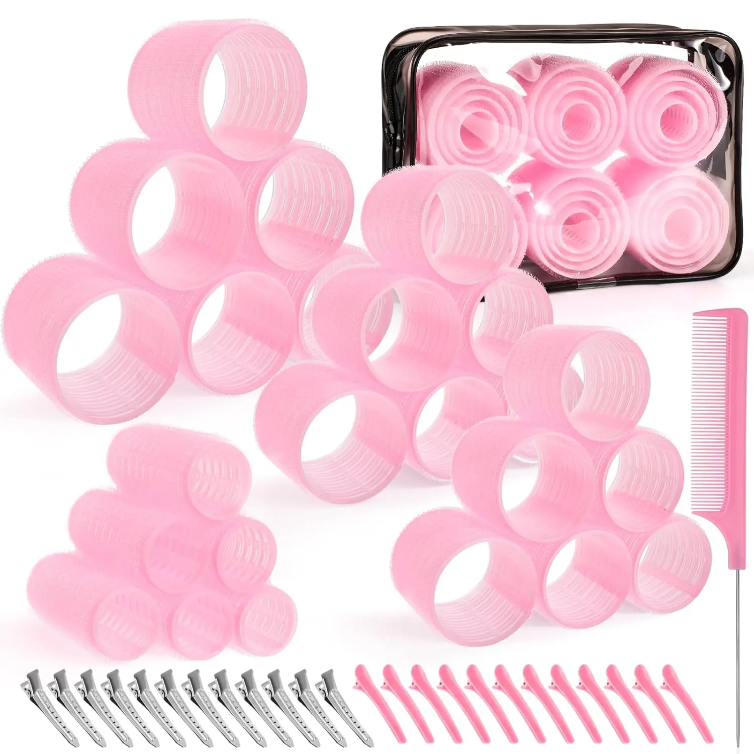 4 Sizes Self-Grip Hair Rollers Set for Long, Short Hair and Bangs - 50 Pcs with Clips (25mm, 36mm, 48mm, 60mm), Pink