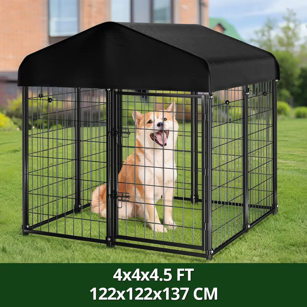 Dog Outdoor Steel Frame Kennel Playpen Enclosure,  Dog Kennel Outdoor with Roof, 4'L x 4.2'W x 4.5'H Welded Wire Dog Enclosures for Outside, Heavy Duty Dog Crate with UV-Resistant Waterproof Cover, Pet Valentine's Day, Summervibes