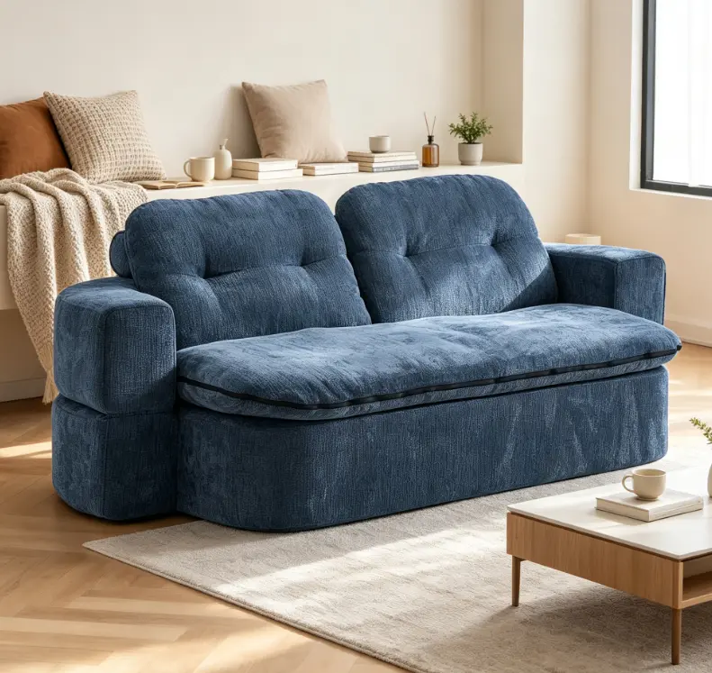 Modern Corduroy Floor Sofa Bed with 2 Pillows - Foam-Filled Convertible Sleeper, No Assembly Required, Unfolds into Quilt-Mattress for Living Room, Playroom
