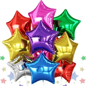 A set of 10 large bright star shaped aluminum foil balloons with a size of 45.72 centimeters. Suitable for rainbow themed birthday parties, baby showers, bridal showers, anniversaries, graduation ceremonies, weddings, and other celebratory events