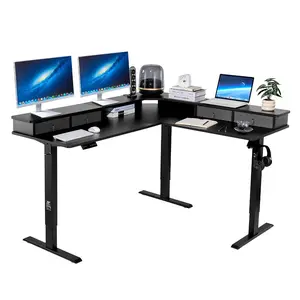 Summervibes VEVOR L Shaped Desk, Electric Adjustable Height Corner Gaming Desk with CPU Stands, Dual Hooks and Fabric Drawers, L-Shaped Computer Table with Power Strip for Home Office, Easy to Assemble, Black