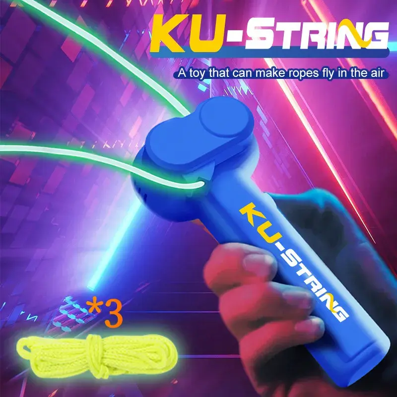 SKYQITIAN Upgraded Glow-in-Dark Elastic Rope Decompression Squeeze Toy - Stress Relief Fidget Toy with 3 Extra Cords, Built-in Dual UV Light Source, Launcher, Relaxation Stick, Gift for All Ages