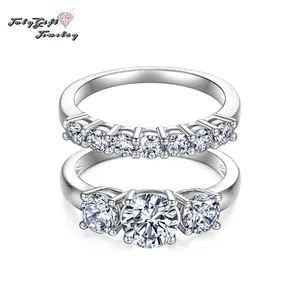 2CT  Women Wedding Set D VVS1 3 Stones Stackable Band  Hypoallergenic Engagement Promise Anniversary Gift Fine Jewelry