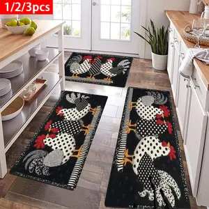 1/2/3pcs Spring Vitality Kitchen Carpet Set |   Polka Dot Rooster Style, Flannel Material, Non-Slip, Soft, Comfortable, Easy to Clean, Suitable for Bathroom, Door Mat, Bedroom, Living Room, Porch, RV Decoration