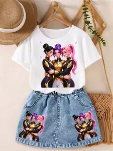 Girls' Short Sleeve T-Shirt & Denim Skirt Set, Casual Fitted Summer, Sweet Cool Style, School Daily Wear, Random Print