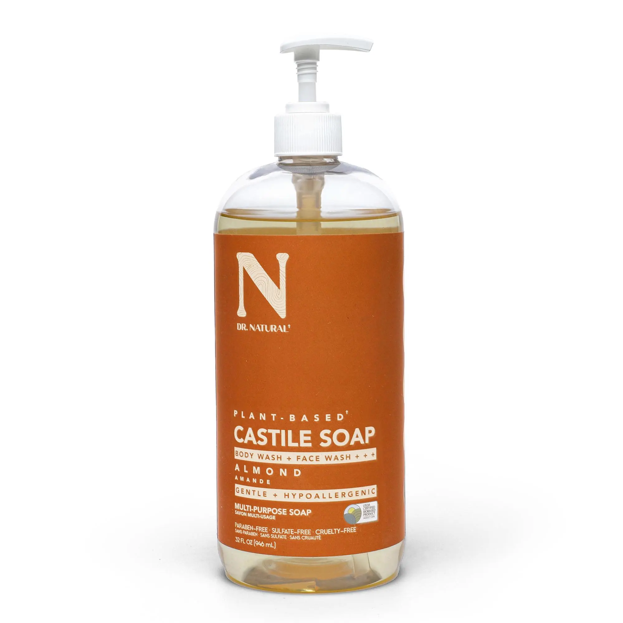 Dr. Natural Almond Castile Liquid Soap, Multi-Use Body Wash, Shampoo and Face Wash - 32 oz