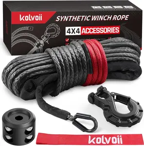 Synthetic Winch Rope Kit, 1/4" x 50ft 9,650lbs Winch Cable with Hook, Winch Line Stopper and Safety Pull Strap for ATV UTV Off-Road Vehicle etc (Grey Rope, Black Hook)