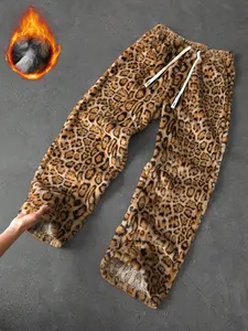Men's Street Style Striped Leopard Print Loose Long Pants, Elastic Waist Knit Sportswear, Casual Fashion for Daily Wear and Gifts, Athleisure Bottoms