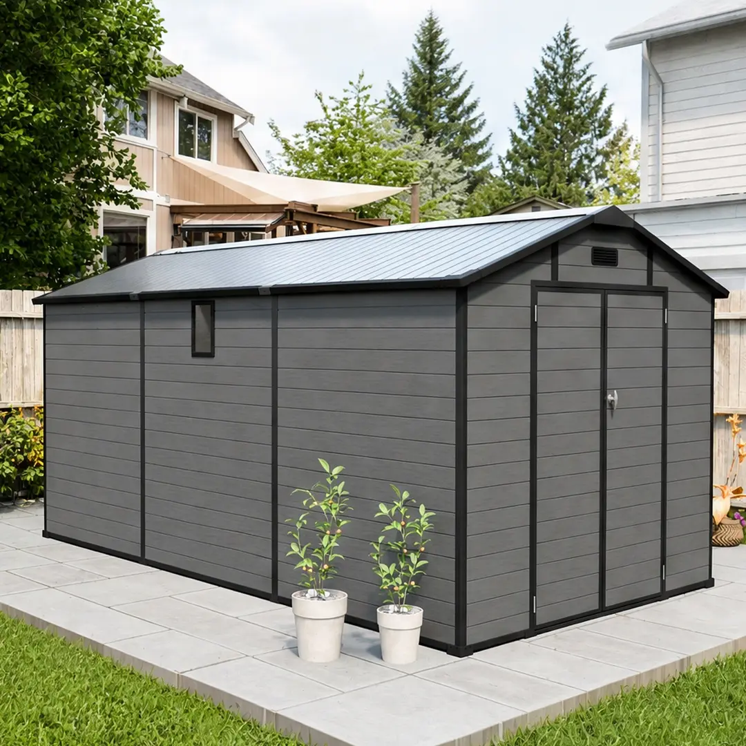 8x14 FT Plastic Outdoor Storage Shed Lockable Resin Tool Shed with 2 Windows 3 Air Vents Dark Gray Heavy Duty Waterproof UV Resistant Garden Shed for Tools Bicycles Pet Shelter Workspace, Dark Gray Color Options, Plastic/Polypropylene Material