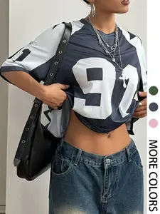 Women's Number Print Tee, Casual Streetwear Loose Half Sleeve Round Neck T-shirt for Summer, Ladies Clothes for Daily Wear, Top