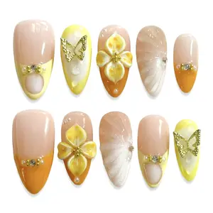 100% Handmade| 3D Almond Press-On Nails, Reusable Fake Nails with Butterfly & Flower Design, Salon-Quality Manicure for Daily Wear & Special Occasions