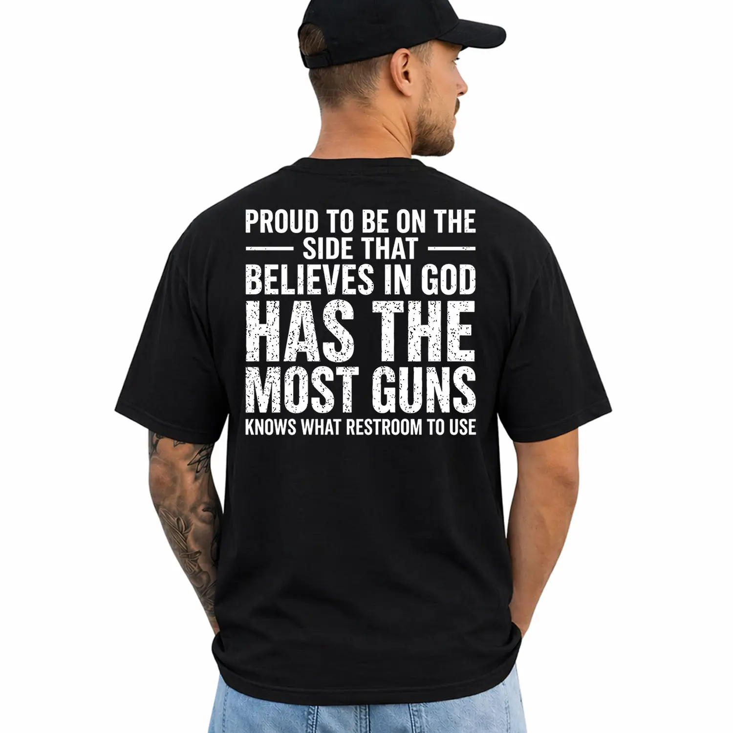 Proud To Be On The Side That Believes In God Has The Most Guns Knows What Restroom To Use Funny Conservative T-Shirt for Men, Republican Political Humor Graphic Tee, Short Sleeve Printed Graphic Shirt, Daily Casual Cotton Menswear