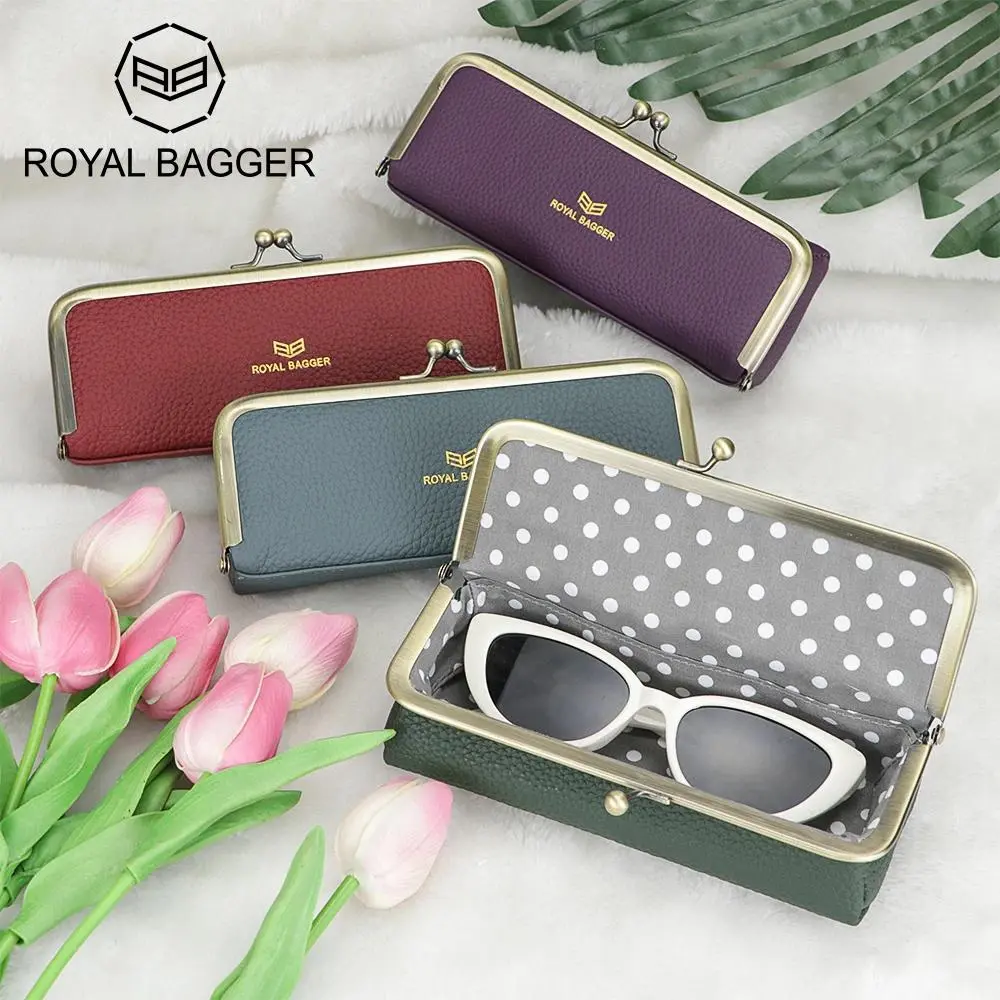 Royal Bagger Women's Genuine Leather Pencil Case & Glasses Holder, Durable and Elegant Coin Purse with Kiss Lock and RFID Blocking, Durability, In Handbag, Casual, Glasses Storage, Plain, Compact For Handbags, Adults, Fashionable, Everyday, Lightweight, M