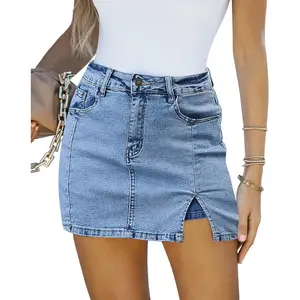 Jean Skorts Woman Waisted Casual Stretchy Skirt Side Split Mini Skirts with Shorts Skort Womenswear Aesthetic Fitted Bottom Palda Basic Minimalist