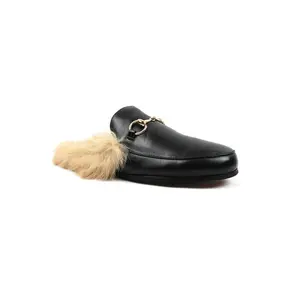 Slip On Mens Black Leather Backless Shoes With Fur Loafers Mule With Gold Buckle By AZARMAN
