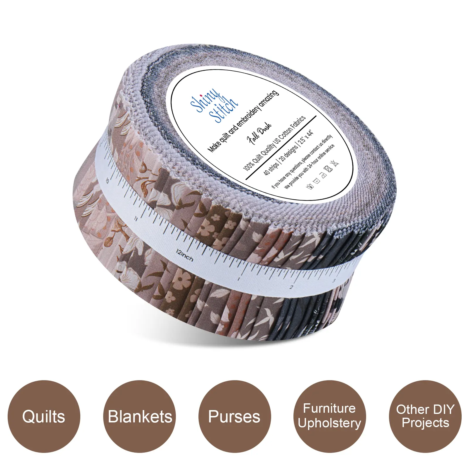 ShinyStitch Precut Fabric Strips Roll - 7 Options,100% US COTTON, 40 Strips (2.5"x44") Breathable Reliable Soft Pure Cotton Needlework Kit for Quilting, DIY Craft Projects, Cotton Breathable, Reliable Cotton Fabric