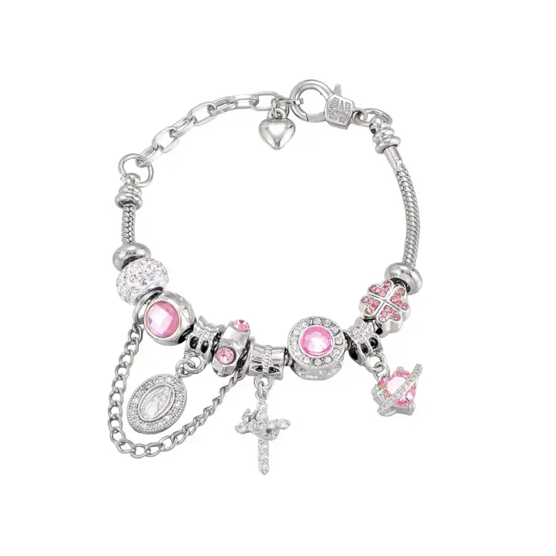 Beaded Bracelet for Female with Vintage Virgin Mary & Cross Charms, Layerable Emerald-Tone Alloy Jewelry, Adjustable, Diy Wear