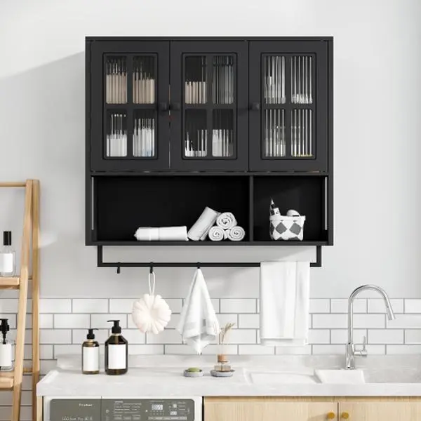 Bathroom Cabinet Wall Mounted,3-Door Storage Organizer,Wooden Wall Cabinet with Open and Hidden Storage Space, Medicine Cabinet with Glass Door and Towel Bar for Entryway Living Room Dining Room,Black