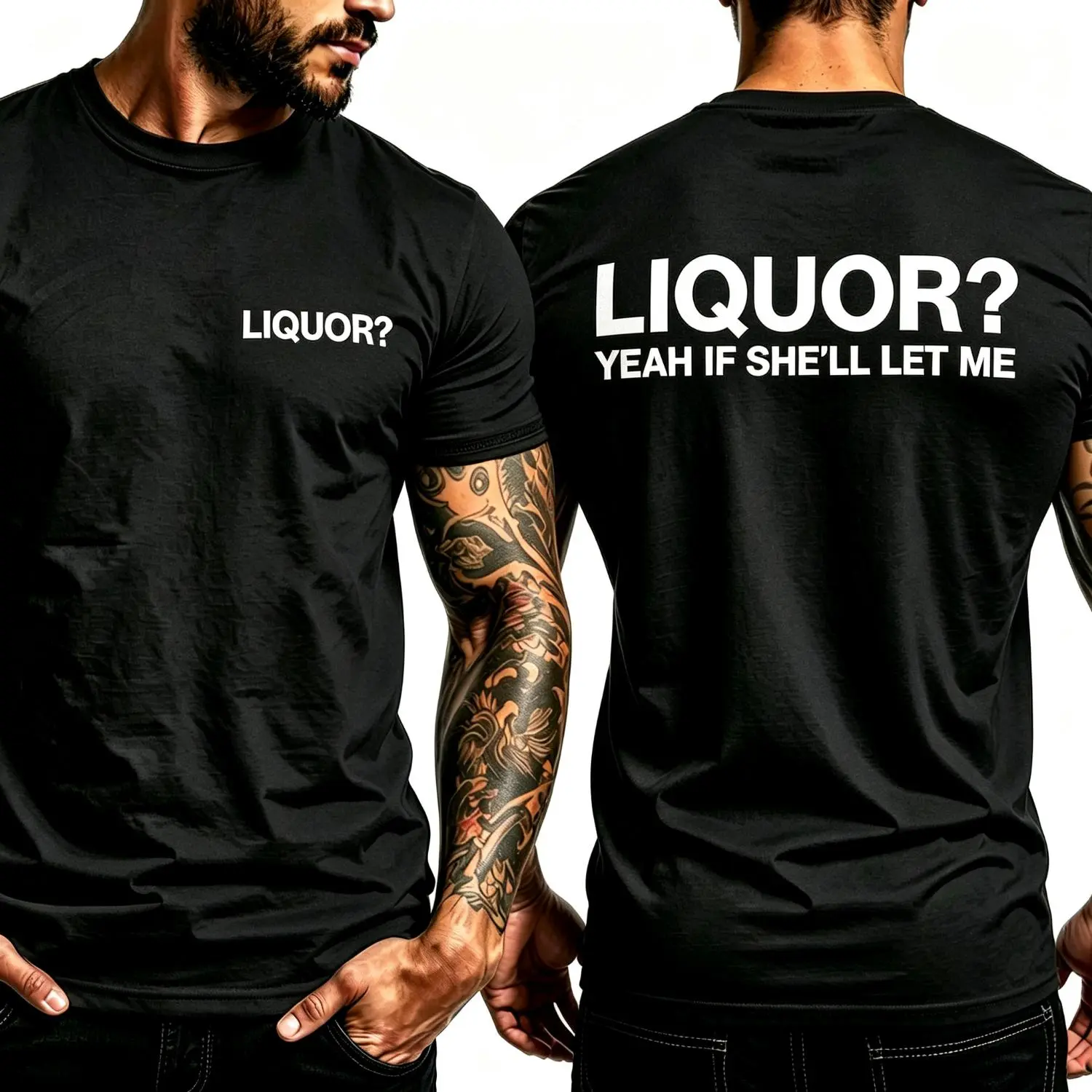 Men's 100% Cotton Casual Wear Graphic Tee, Printed Text "Liquor Yeah If She’ll Let Me" Funny Drinking Meme Shirt, Sarcastic Unhinged Quote Top, Ships from USA