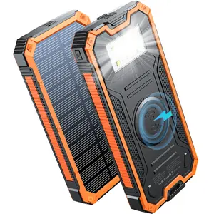 Wireless Power Bank 20000mAh Portable Solar Charger for iPhone Android Dual USB-A Output USB-C Fast Charging External Battery Pack with Dual Flashlight for Camping Travel Orange