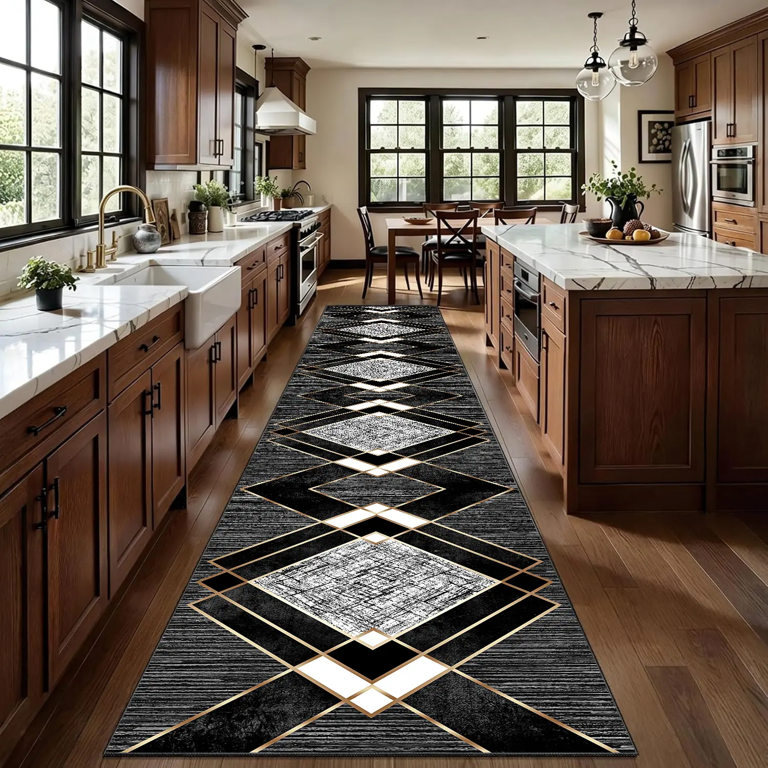 2.2' x 12' Black Geometric Modern Printed Area Rug Runner - Anti-Slip Tread, Artistic Decorative, Floor Protection Indoor Mat for Bedroom, Hallway, Machine Washable, Anti-Slip Tread Runners, Artistic Decorative Runners