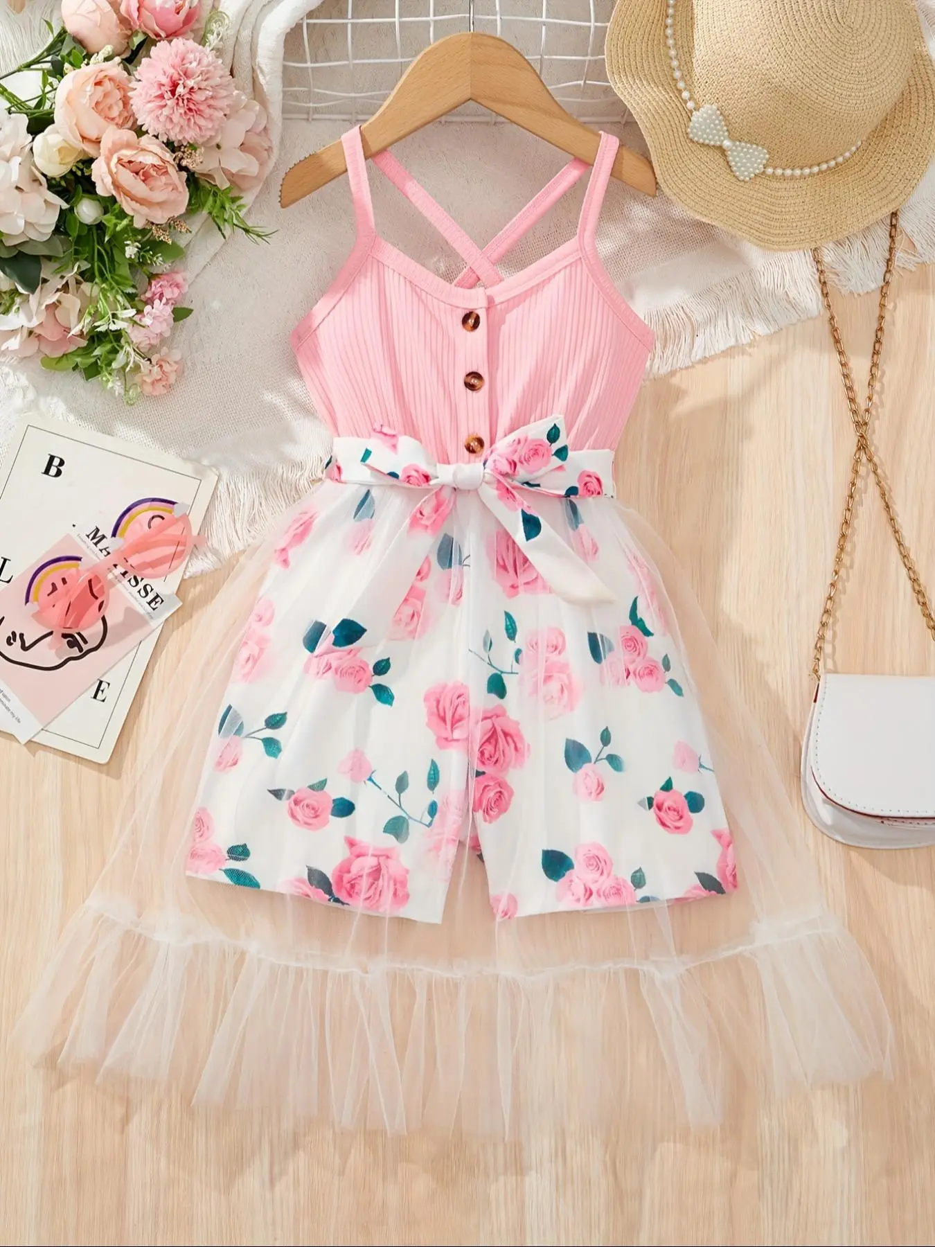 Girl's Floral Print Bow Decor Cami Romper, Cute Casual Sleeveless Romper for Summer, Kids Clothes for Daily Wear, Fine Girls Outfit, Edc Outfits Girls