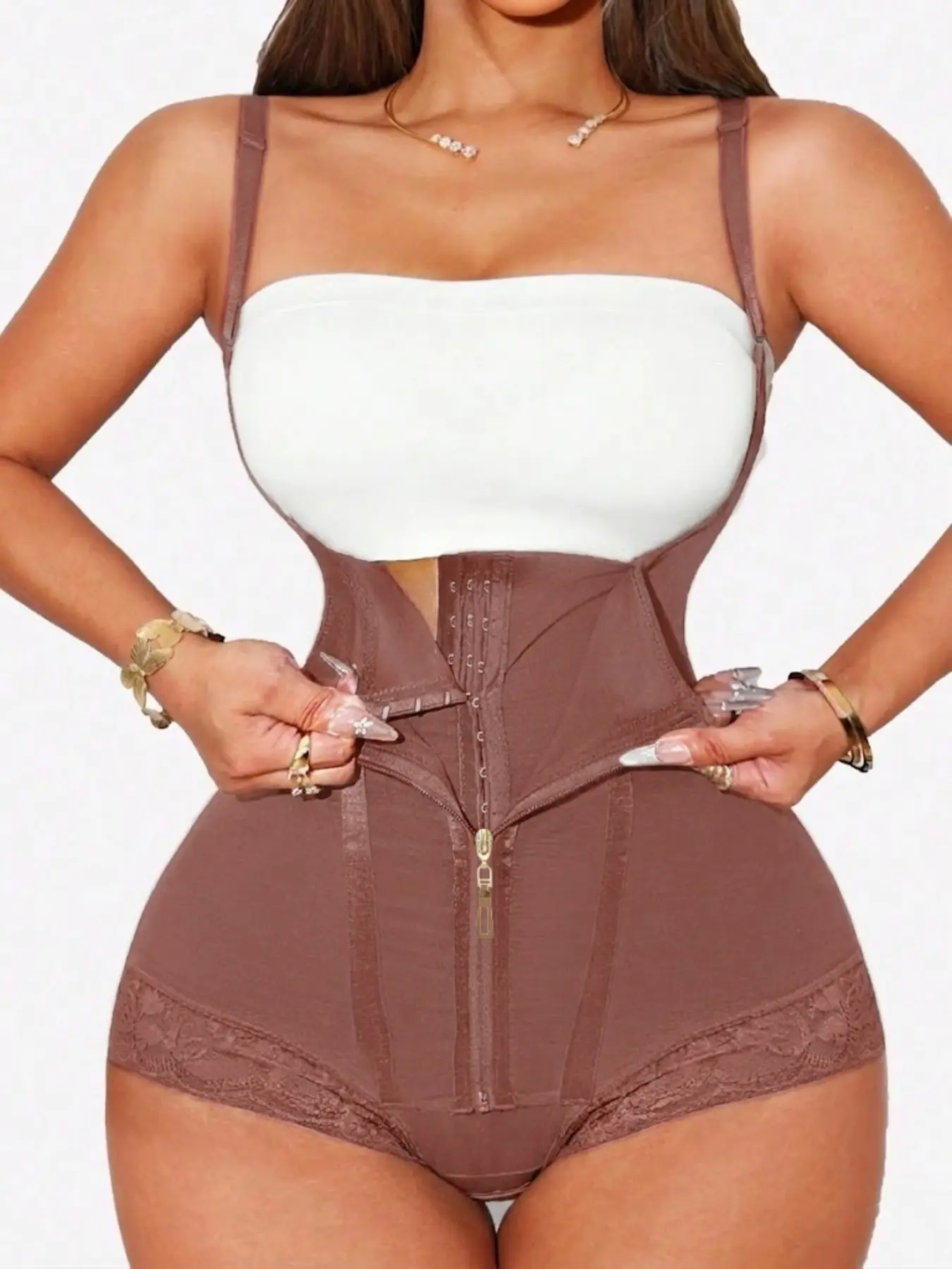 1 Count Women's Tummy Control Shapewear Bodysuit, Butt Lifting Fajas Colombianas Body Shaper, Open Bust Adjustable Zip-Up Waist Trainer Jumpsuit with Crotch Hooks, Seamless Compression Sculpting for Everyday Curves & Gym Training Fit, Fitness Shapewear
