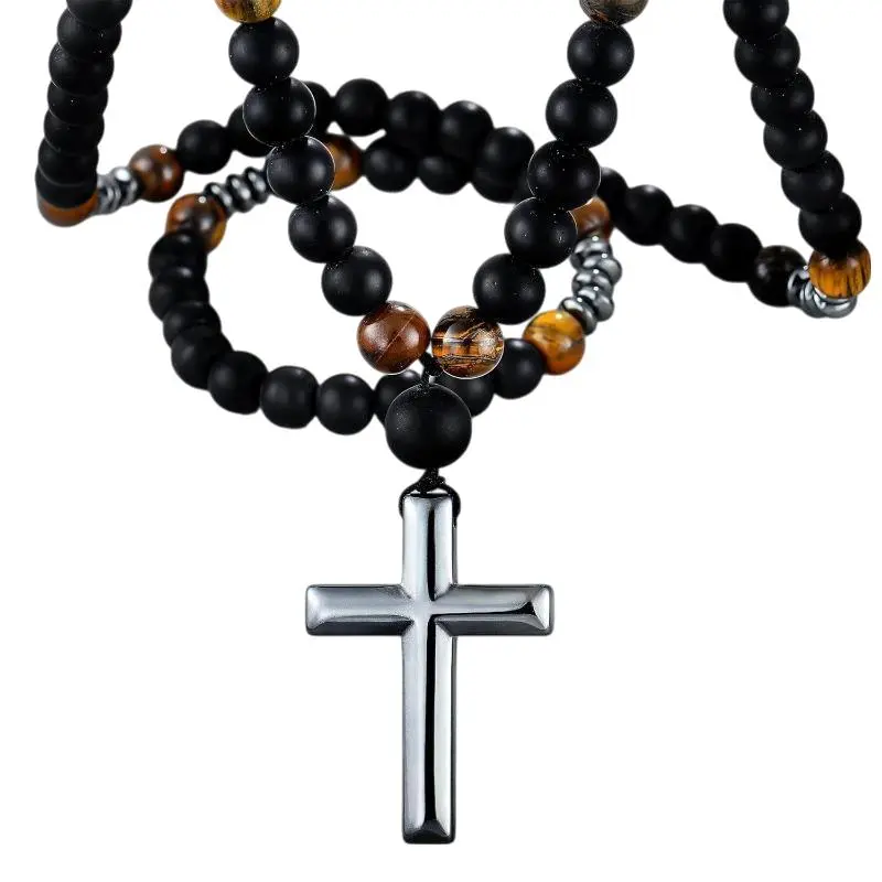 Black Obsidian Tiger-eye Beaded Cross Pendant Necklace  for Men