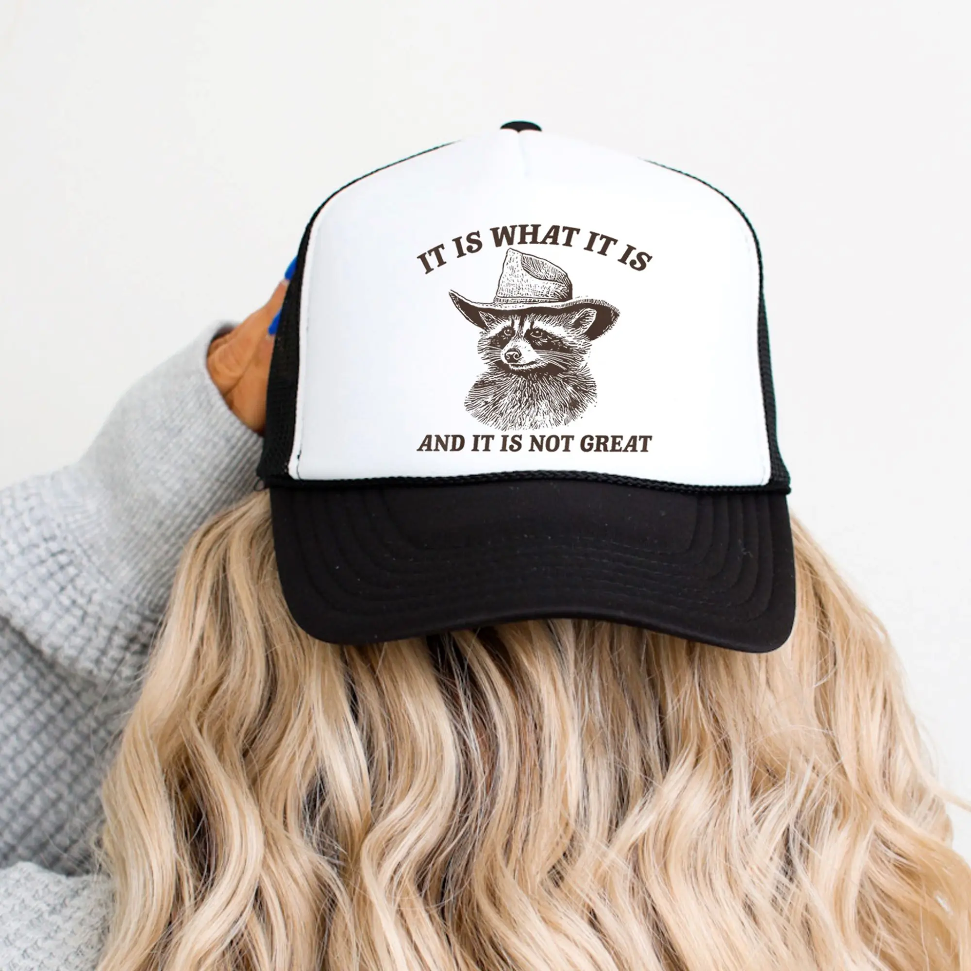 It Is What It Is Trucker Hat - Funny Raccoon Hat - And It Is Not Great Meme Hat - Western Trucker Cap - Gift for Raccoon Lovers or Friends