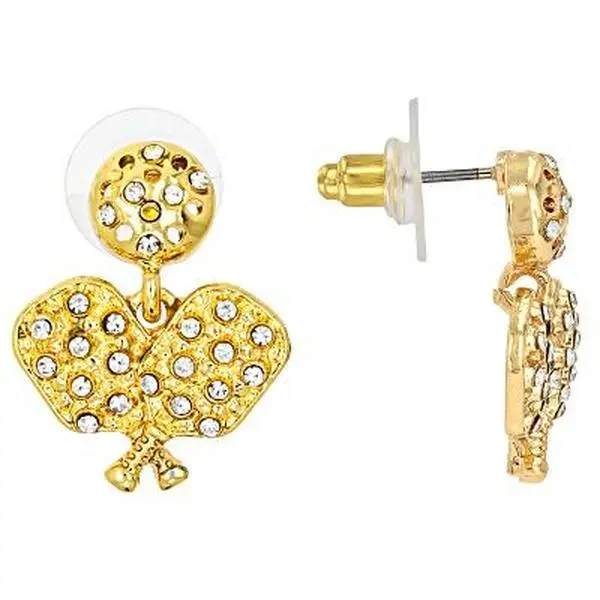 JTV Bejeweled Gold-Tone Pickleball Paddle Costume Earrings with White Crystal Accents, Bling Effect, 0.85in L x 0.70in W, Bullet Backings, Bejeweled Earrings