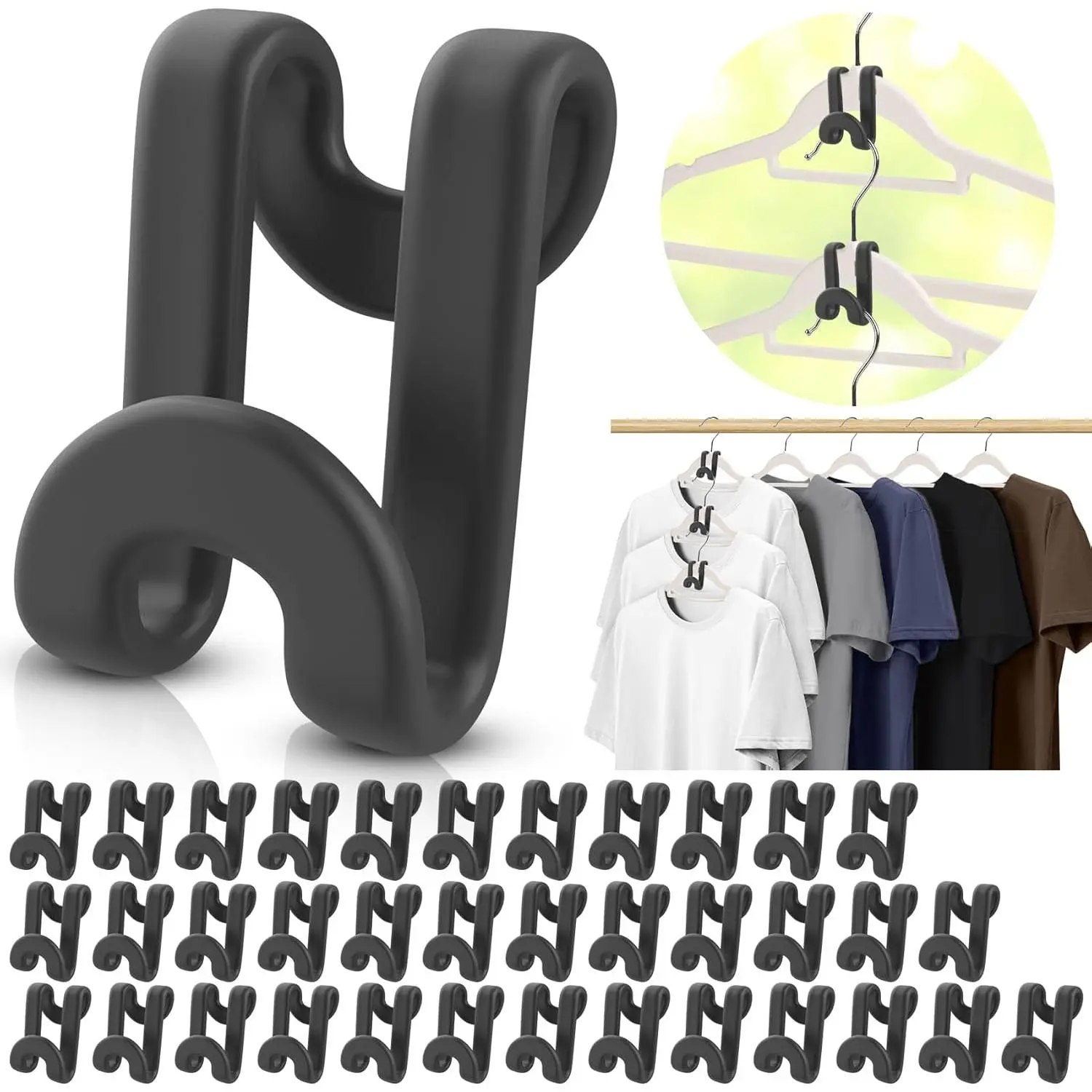 100-Count Plastic Hanger Pack Connector Hooks - Smooth, Heavy-Duty, Compact Hanging Closet Organization Extender Clips for Shirt Storage, Room Closets, Black