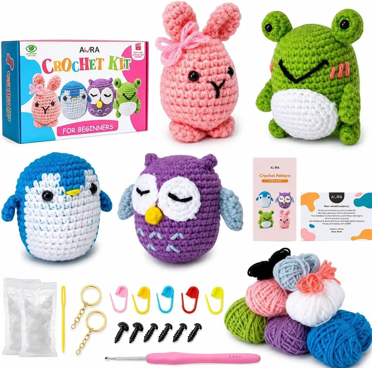 A-URA Learn to Crochet Kit for Beginners Kids and Adults, Premium 4 Animal Pattern Beginner Crochet Kits with Easy Tube Yarn & Step-by-Step Video Tutorials (Plants Crochet Kits)