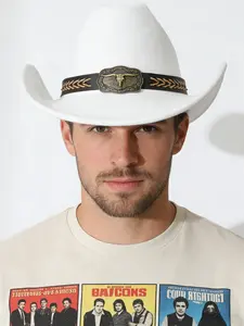 Western Cowboy Hat with Large Brim, Wool Blend Bull Head Decoration, Unisex Fitted Floppy Hat for All Seasons, Party Versatile Cap