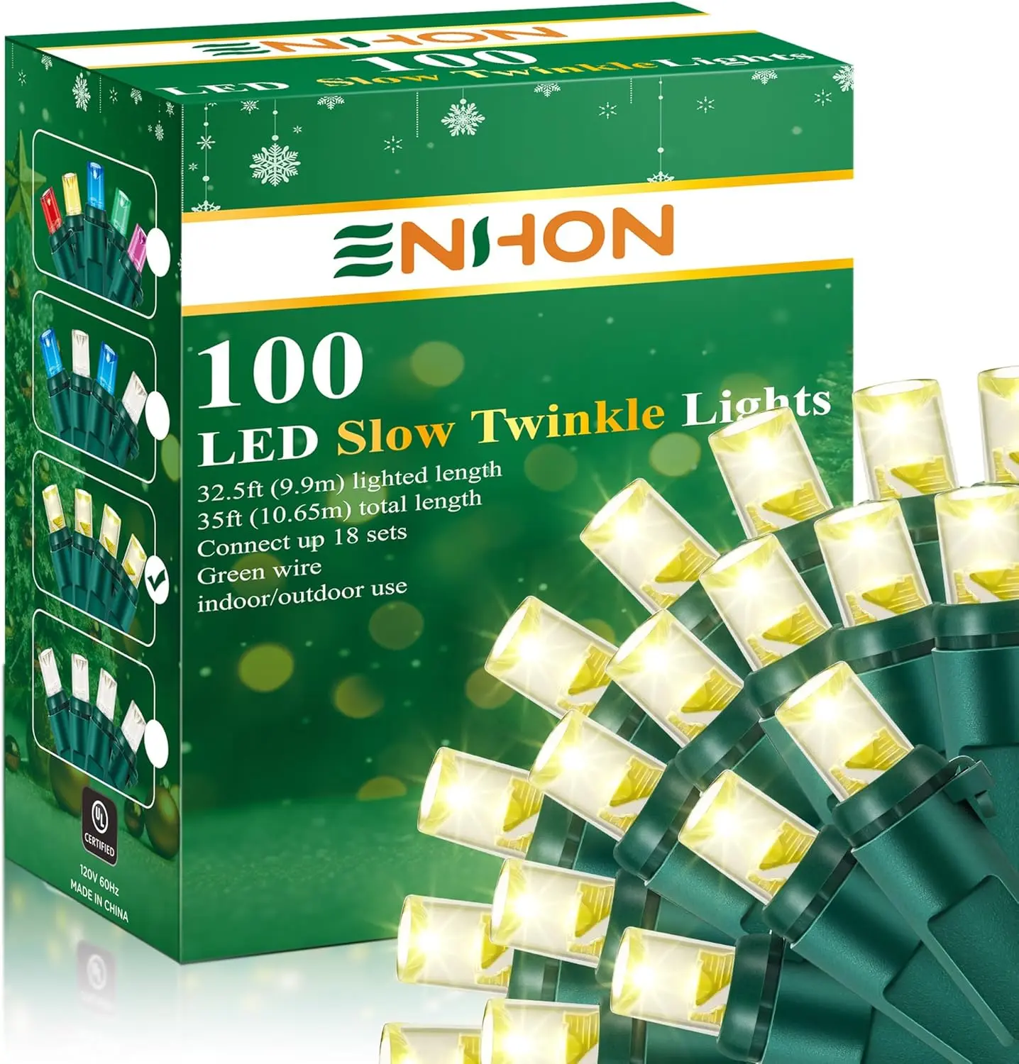 Slow Twinkling Christmas Light, 100 Lights 35 Ft Twinkle Pulsing Christmas, 5mm LED Wide Angle Soft Random Shimmering Set with Green Wire(Warm White,1 Pack)