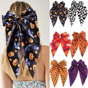 AWAYTR 3Pcs/Set Halloween Hair Bows for Women Big Ribbon Bow Spooky Ghost Pumpkin Hair Clips Barrettes for Girls Oversized Long Tail Hair Barrettes Cute Hair Accessories