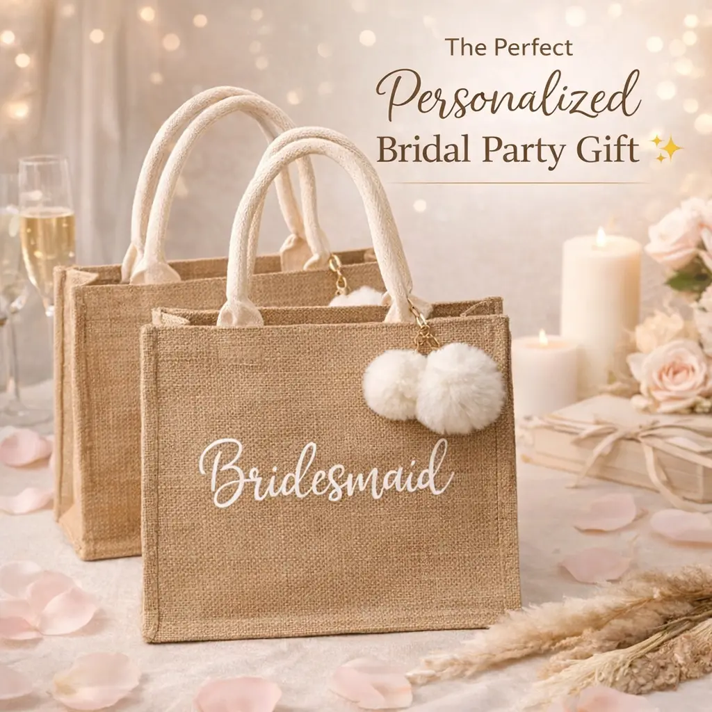 Taniri Women's Personalized Bridesmaid Burlap Tote Bag - Beachy Burlap Look, 12.2"x10.63" Carry, Reusable Durable Canvas, Custom Name & Pom Poms, Maid of Honor Party Gift, Travel Purse, Chic Handle