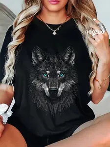 100% Cotton Wolf Animal Motif Blue Eyes Artwork Wolf T-Shirt