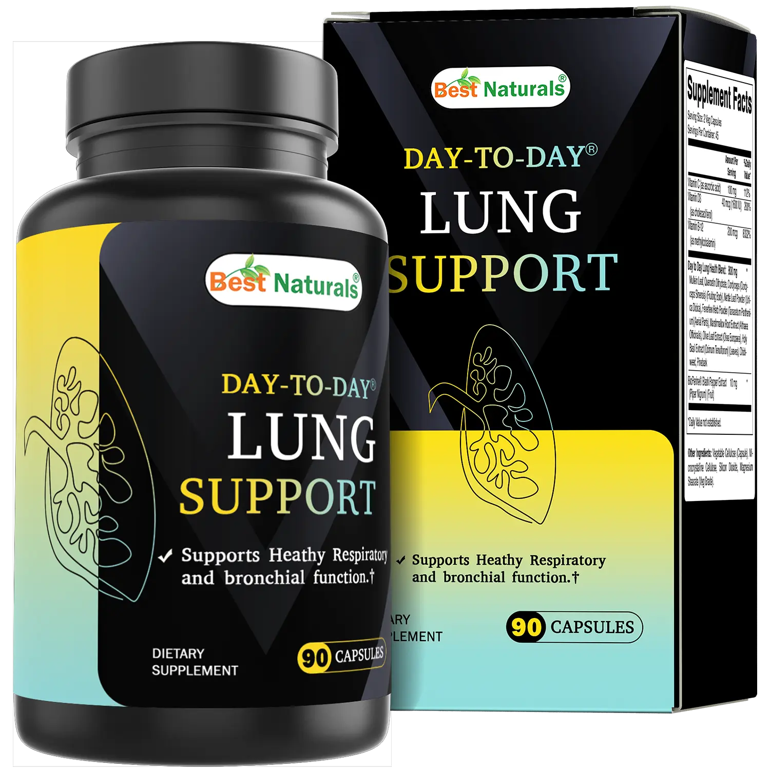 Best Naturals Day-to-Day Lung Support Supplements 90 Veg Cpasules - Made with Mullein, Quercetin, Cordyceps, Nettle, Feverfew, Marshmallow, Olive Leaf Extract