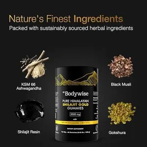 Be Bodywise Pure Himalayan Shilajit Gold Gummies 3000 mg Ashwagandha Gokshura Fulvic Acid 85+ Trace Minerals Non-GMO Vegan 60 Gummies Lab Tested