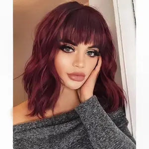 Eawwii Curly Bob Wig with Bangs Short Wavy Wine Red Color Wigs for Women Bob Style Synthetic Heat Resistant Bob Wigs