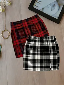 Plus Size Women's Plaid Short Skirt Set, High Waist Slim Fit Bodycon Half Skirt, Two Piece for Everyday Casual Wear Womenswear Bottom