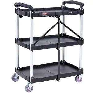 VEVOR Foldable Utility Service Cart, 3 Shelf 165LBS Heavy Duty Plastic Rolling Cart with Lockable Wheels, Ergonomic Handle, Portable Garage Tool Cart for Warehouse/Office/Home(25.62"x15.43"x32.76")
