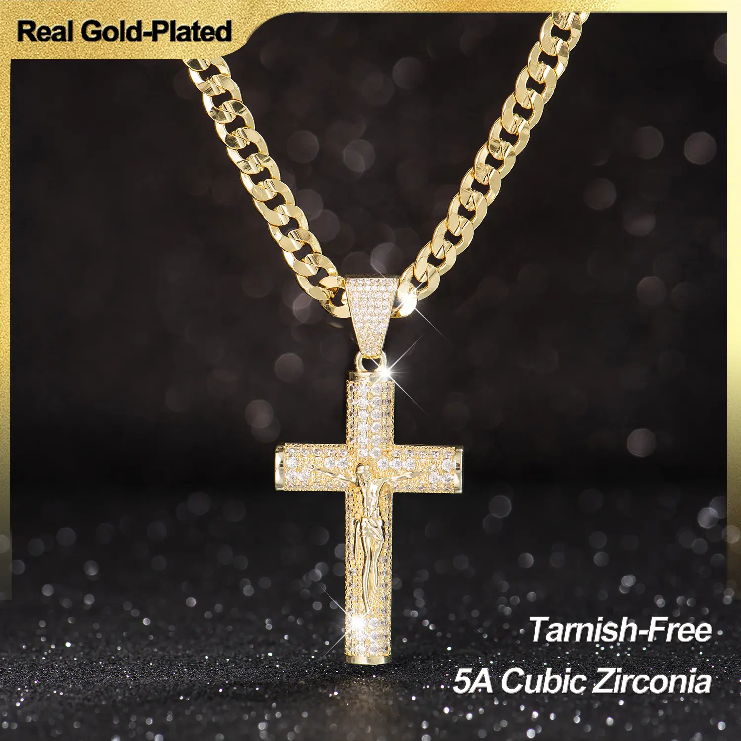 Holylegend 14K Real Gold-Plated Christian Cross Necklace for Men - Advanced Nanotech Tarnish-Free Cuban Link, Figaro, Rope Miami Chains with Jesus Crucifix Pendant, 24in Daily Wear Jewelry Accessory Gift,Father's Day Gift summerwins