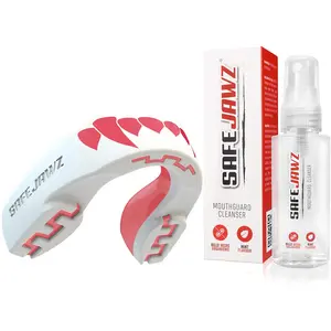 SafeJawz EXTRO Dual Layer Sports Mouth Guard and Disinfectant Spray Bundle for Basketball, Football, MMA, Hockey, Wrestling - Adult - Pink Fangz