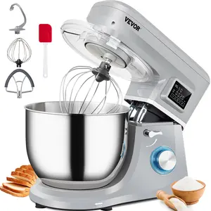 VEVOR Stand Mixer,  660W Electric Dough Mixer with 6 Speeds LCD Screen Timing, Tilt-Head Food Mixer with 7.4 Qt Stainless Steel Bowl, Dough Hook, Flat Beater, Whisk, Scraper, Splash-Proof Cover - Gray